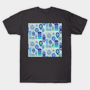 Blue and Turquoise Retro Ornament Pattern T-Shirt